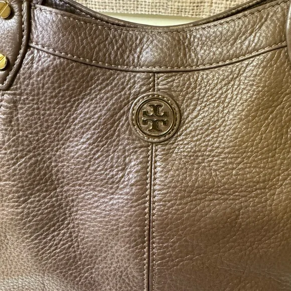 Tory Burch Brown Pebbled Leather Logo Tote Shoulder Bag
